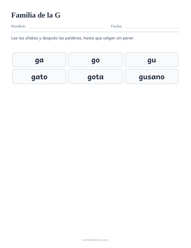Lámina de la familia silábica de la G con ga, go, gu