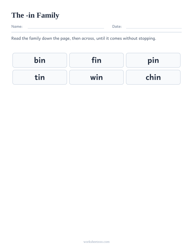 Word family chart for -in showing bin, fin, pin, tin, win, chin