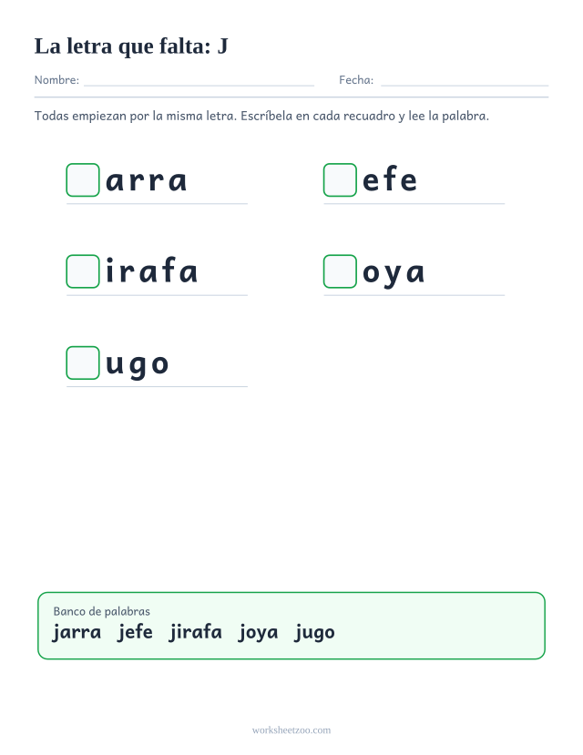 Ficha de la letra que falta de la familia de la J con banco de palabras