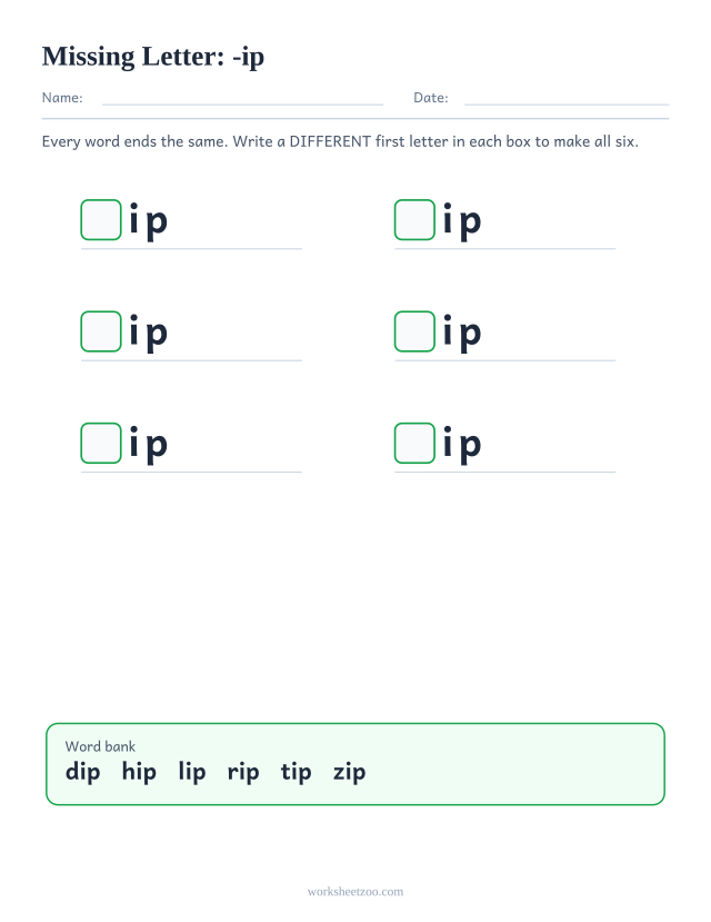 Missing letter worksheet for the -ip family with a word bank