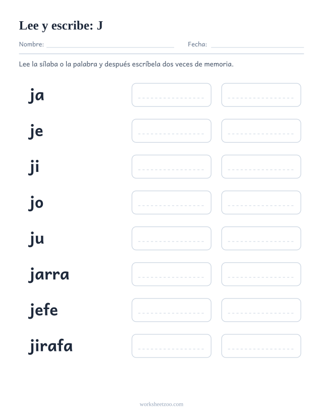 Ficha de leer y escribir de la familia de la J con jarra, jefe, jirafa, joya, jugo
