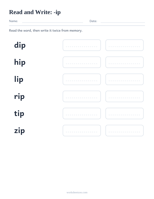 Read and write worksheet for the -ip family, dip, hip, lip, rip, tip, zip