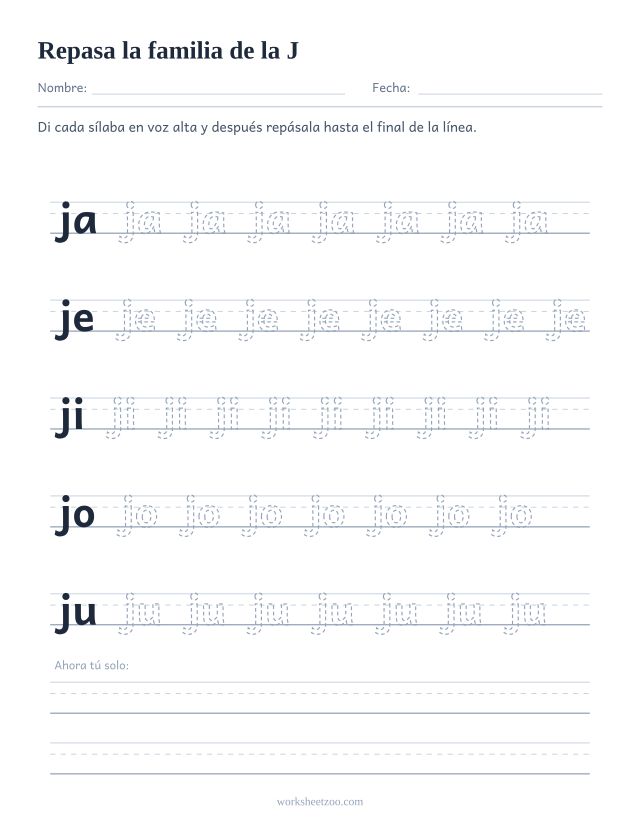 Ficha para repasar las sílabas ja, je, ji, jo, ju sobre pauta