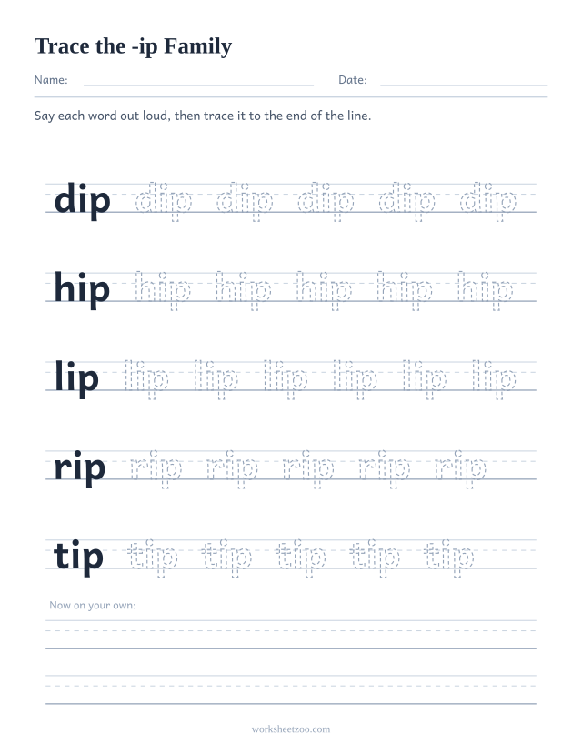 Tracing worksheet for the -ip word family on handwriting guides