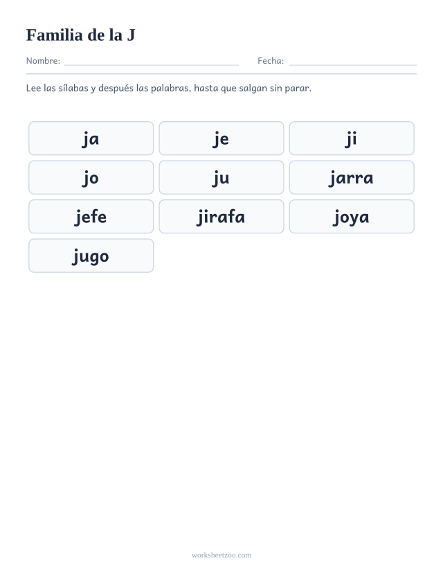 Lámina de la familia silábica de la J con ja, je, ji, jo, ju