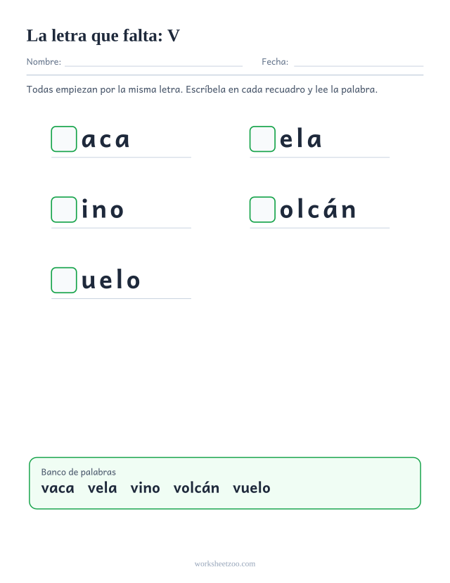 Ficha de la letra que falta de la familia de la V con banco de palabras