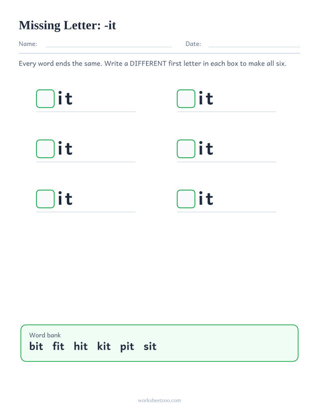 Missing letter worksheet for the -it family with a word bank