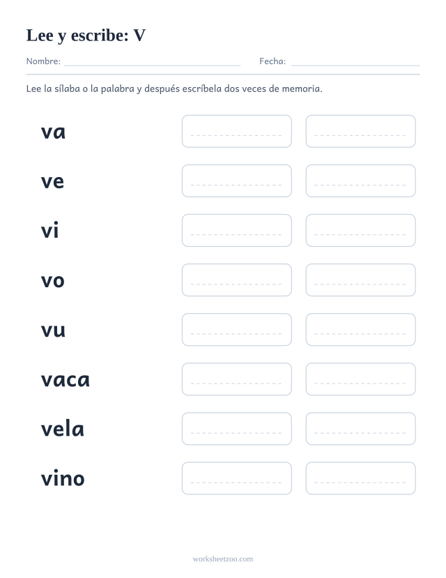 Ficha de leer y escribir de la familia de la V con vaca, vela, vino, volcán, vuelo