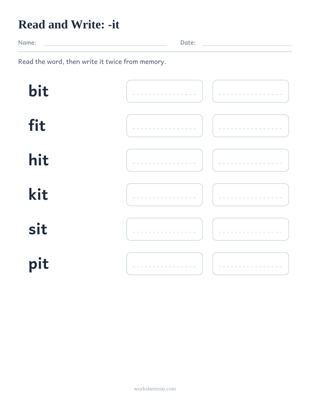 Read and write worksheet for the -it family, bit, fit, hit, kit, sit, pit