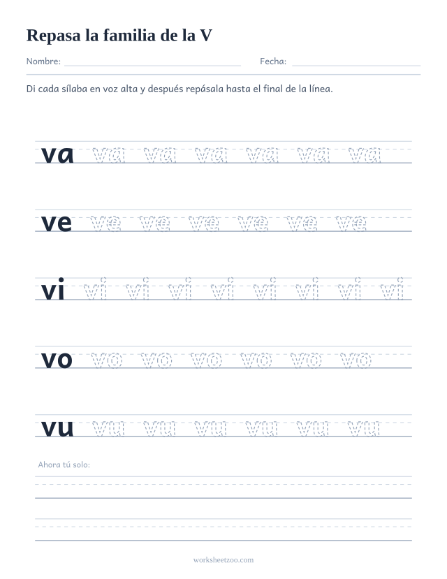 Ficha para repasar las sílabas va, ve, vi, vo, vu sobre pauta