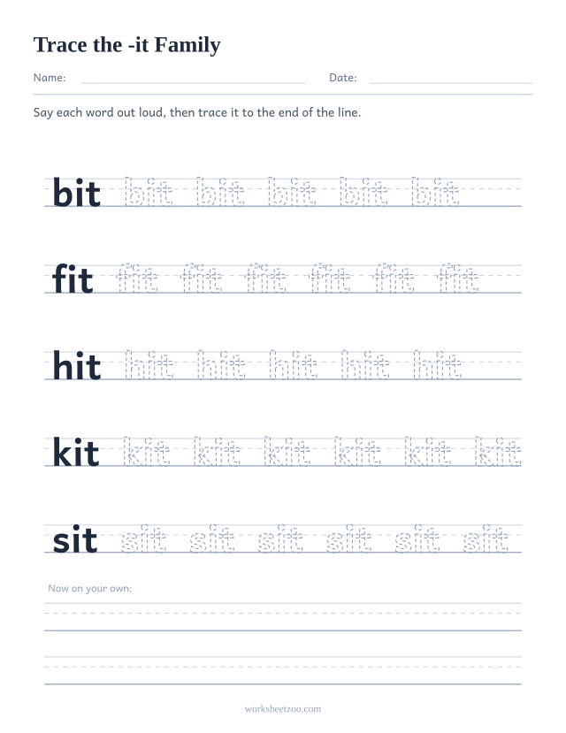 Tracing worksheet for the -it word family on handwriting guides