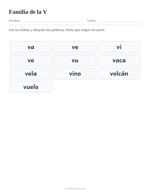 Lámina de la familia silábica de la V con va, ve, vi, vo, vu
