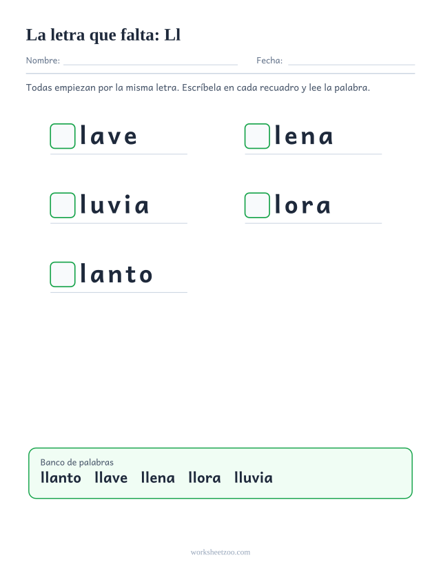Ficha de la letra que falta de la familia de la Ll con banco de palabras