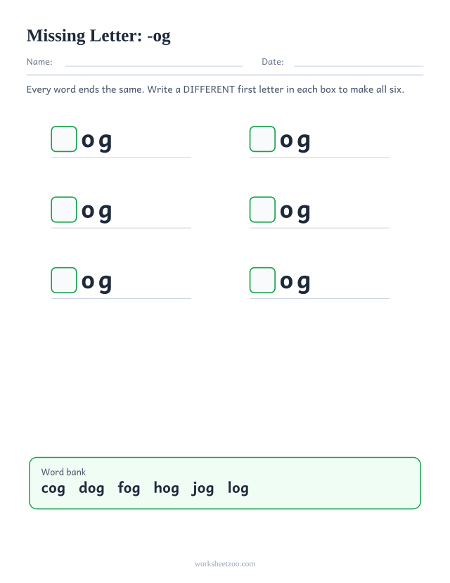 Missing letter worksheet for the -og family with a word bank