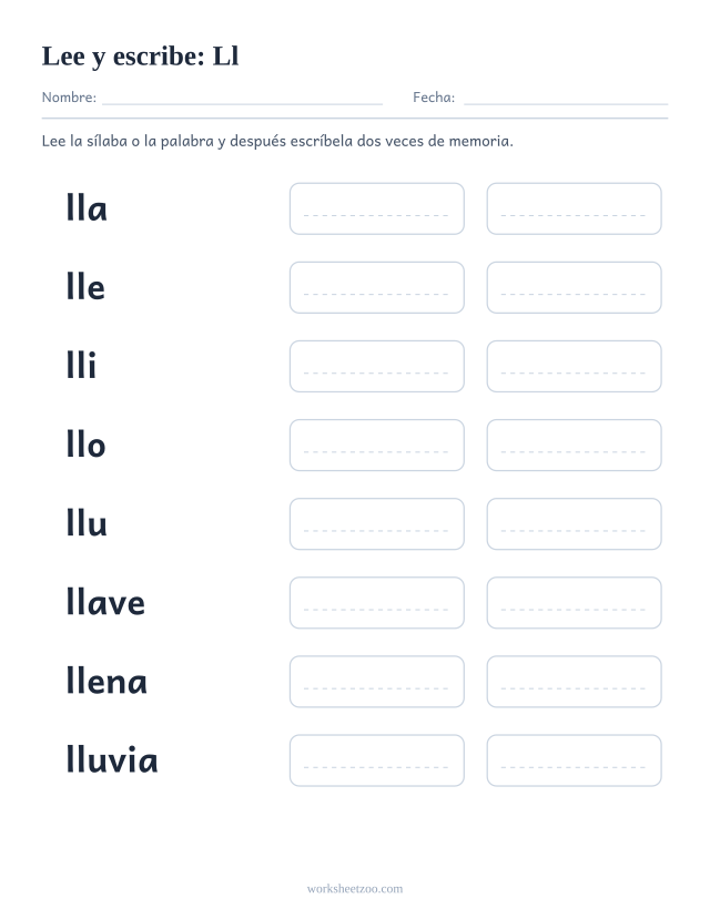 Ficha de leer y escribir de la familia de la Ll con llave, llena, lluvia, llora, llanto