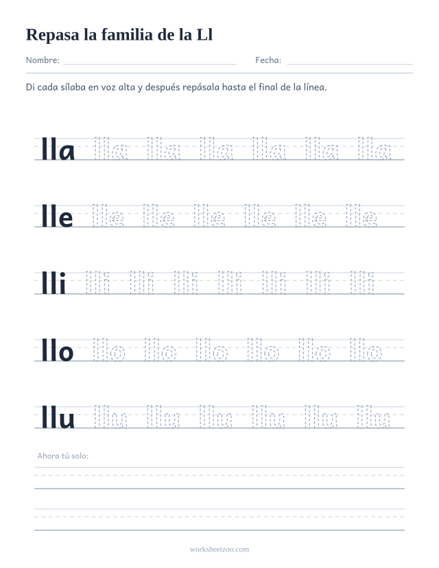 Ficha para repasar las sílabas lla, lle, lli, llo, llu sobre pauta