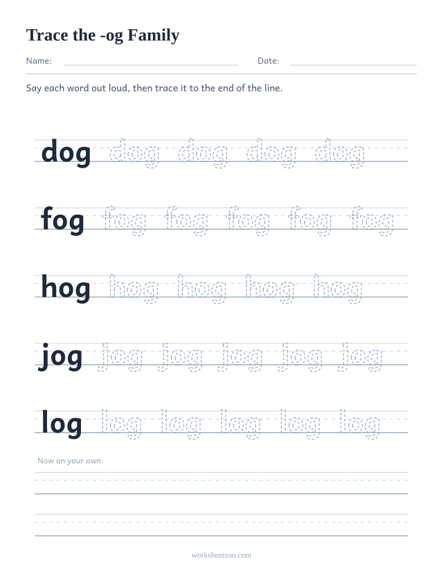 Tracing worksheet for the -og word family on handwriting guides