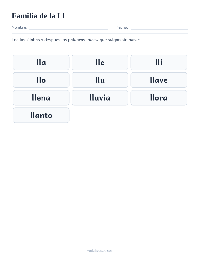 Lámina de la familia silábica de la Ll con lla, lle, lli, llo, llu