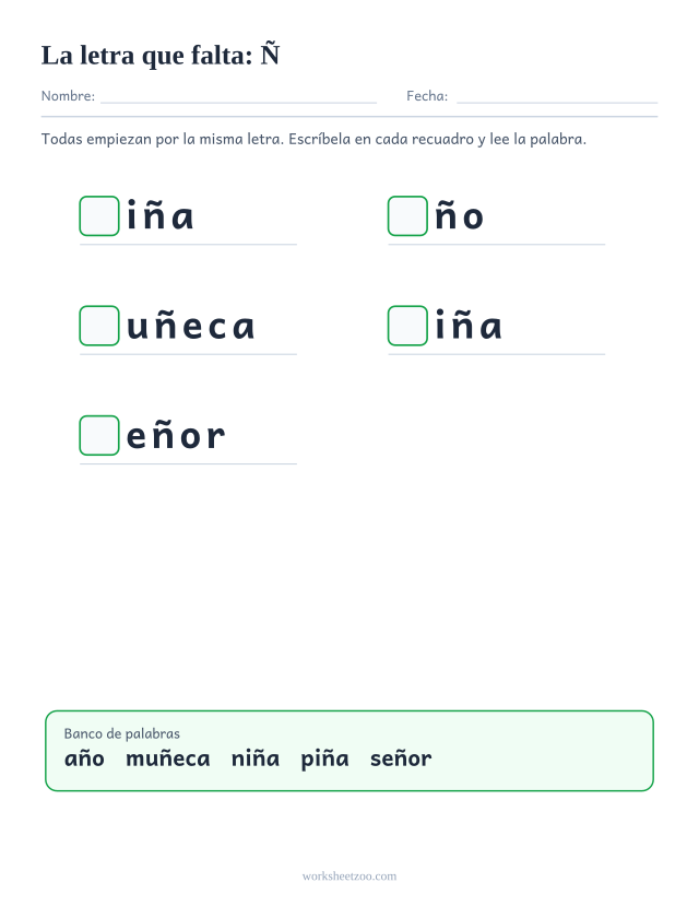 Ficha de la letra que falta de la familia de la Ñ con banco de palabras