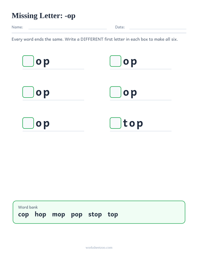 Missing letter worksheet for the -op family with a word bank
