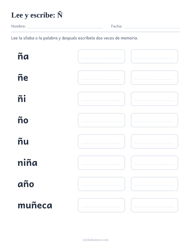Ficha de leer y escribir de la familia de la Ñ con niña, año, muñeca, piña, señor