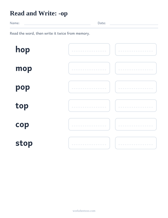 Read and write worksheet for the -op family, hop, mop, pop, top, cop, stop