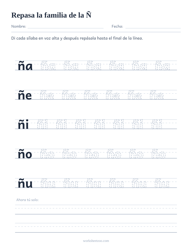 Ficha para repasar las sílabas ña, ñe, ñi, ño, ñu sobre pauta