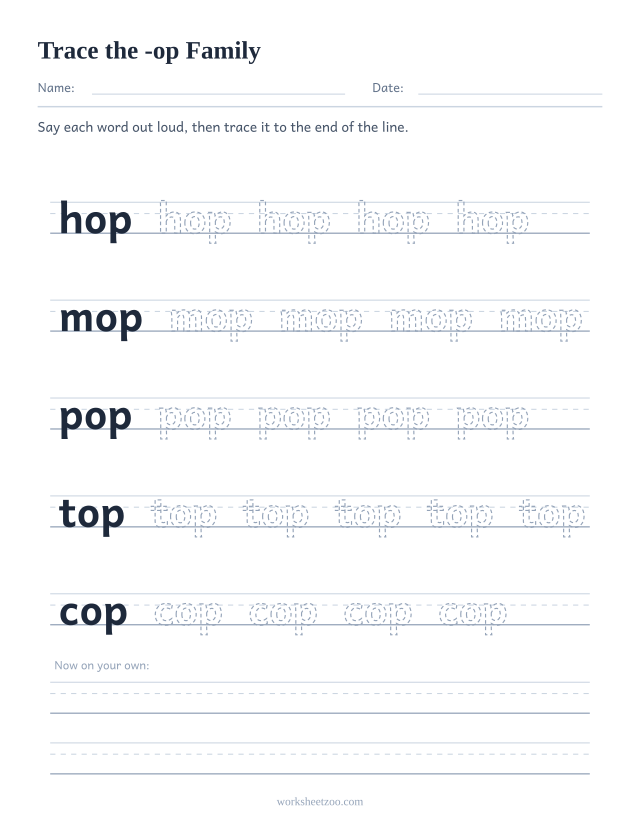 Tracing worksheet for the -op word family on handwriting guides