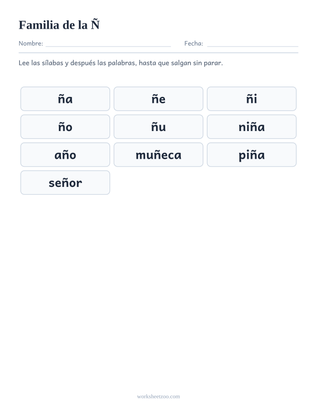 Lámina de la familia silábica de la Ñ con ña, ñe, ñi, ño, ñu