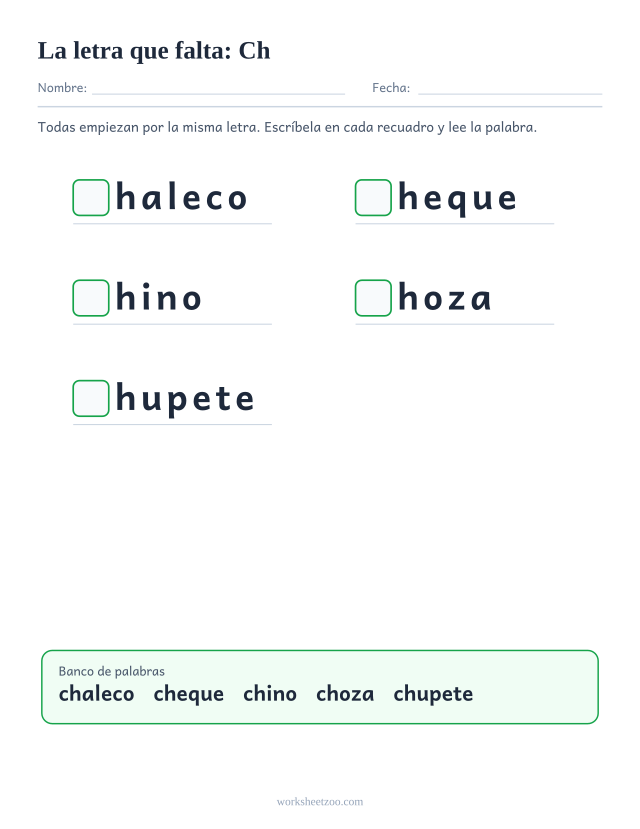 Ficha de la letra que falta de la familia de la Ch con banco de palabras
