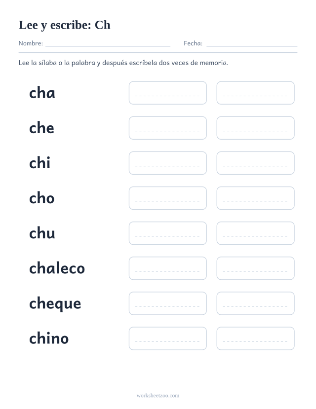 Ficha de leer y escribir de la familia de la Ch con chaleco, cheque, chino, choza, chupete