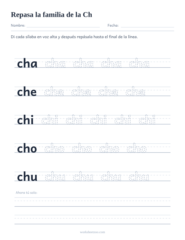 Ficha para repasar las sílabas cha, che, chi, cho, chu sobre pauta