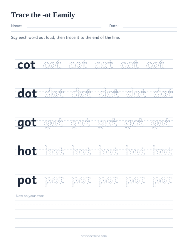 Tracing worksheet for the -ot word family on handwriting guides