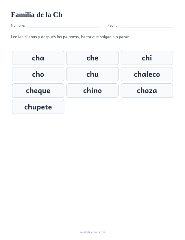 Lámina de la familia silábica de la Ch con cha, che, chi, cho, chu