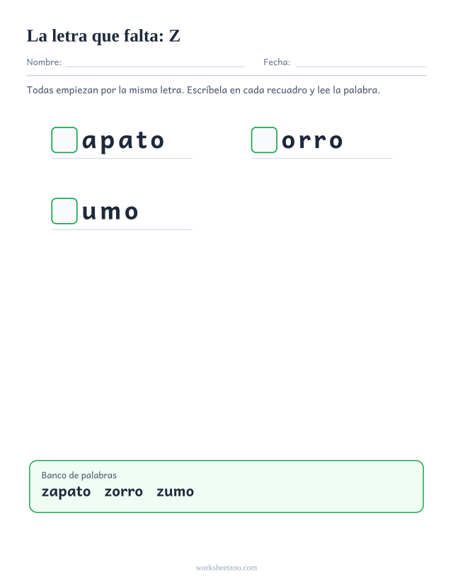 Ficha de la letra que falta de la familia de la Z con banco de palabras