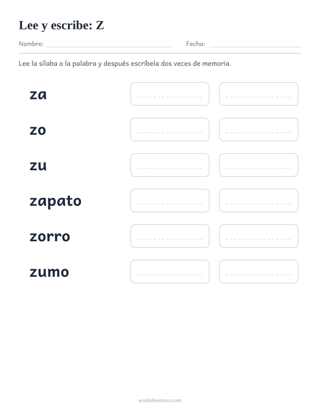 Ficha de leer y escribir de la familia de la Z con zapato, zorro, zumo