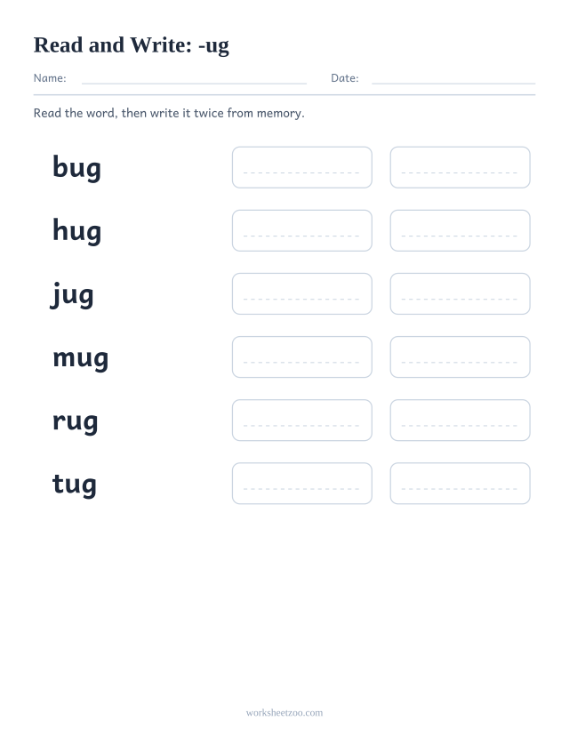 Read and write worksheet for the -ug family, bug, hug, jug, mug, rug, tug