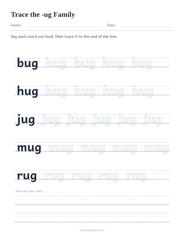 Tracing worksheet for the -ug word family on handwriting guides