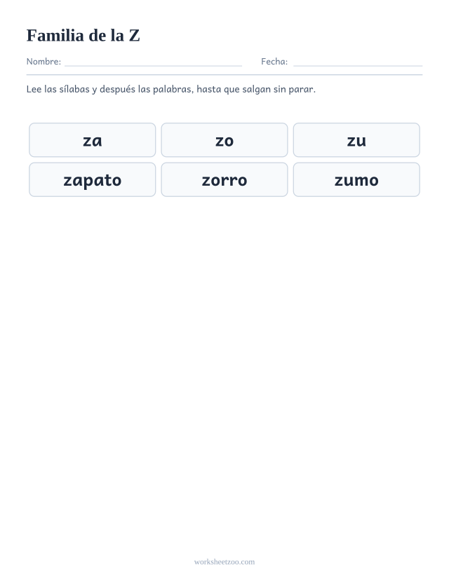 Lámina de la familia silábica de la Z con za, zo, zu
