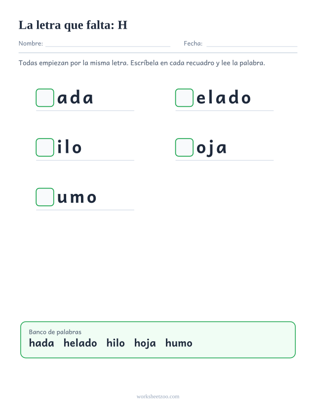 Ficha de la letra que falta de la familia de la H con banco de palabras
