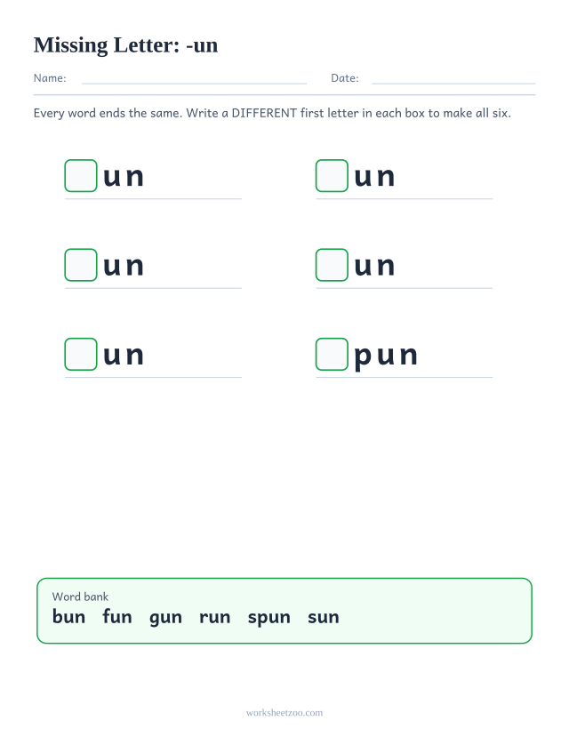 Missing letter worksheet for the -un family with a word bank