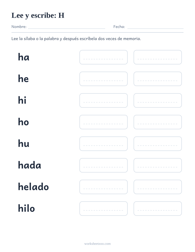 Ficha de leer y escribir de la familia de la H con hada, helado, hilo, hoja, humo