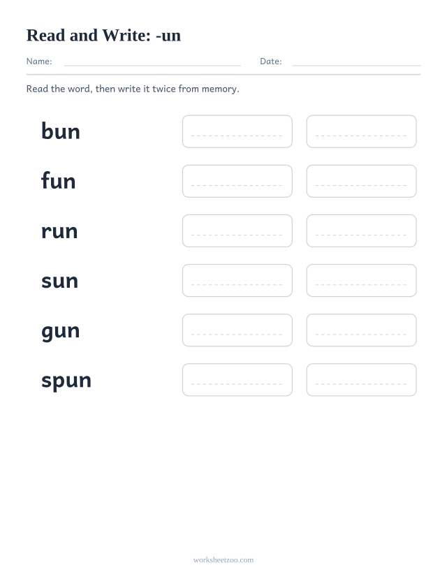 Read and write worksheet for the -un family, bun, fun, run, sun, gun, spun