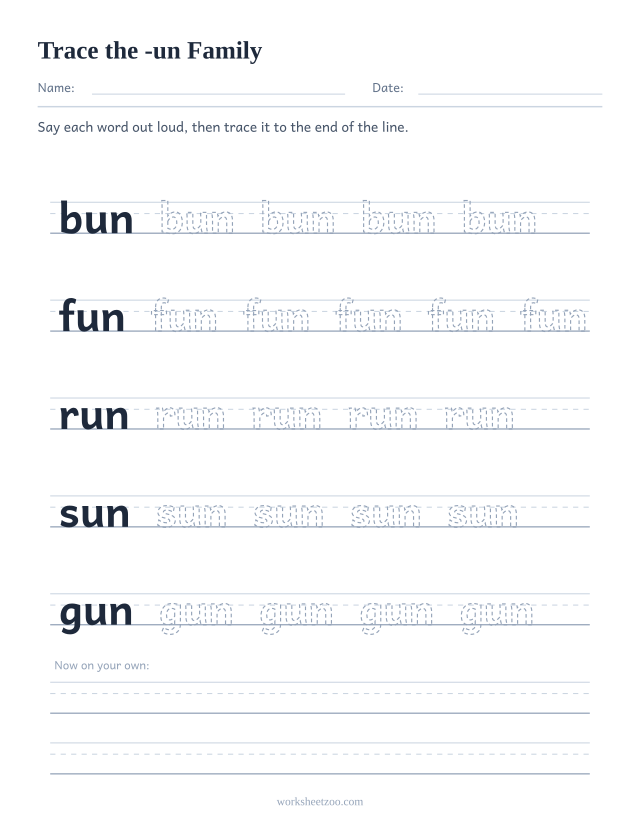 Tracing worksheet for the -un word family on handwriting guides
