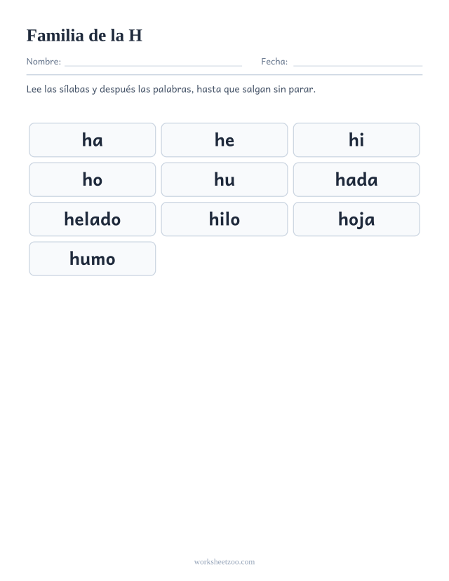 Lámina de la familia silábica de la H con ha, he, hi, ho, hu