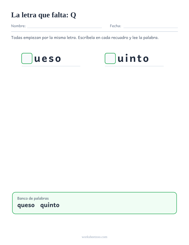 Ficha de la letra que falta de la familia de la Q con banco de palabras