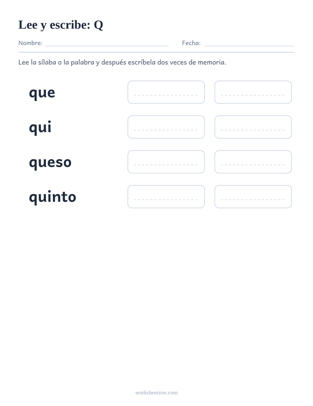 Ficha de leer y escribir de la familia de la Q con queso, quinto