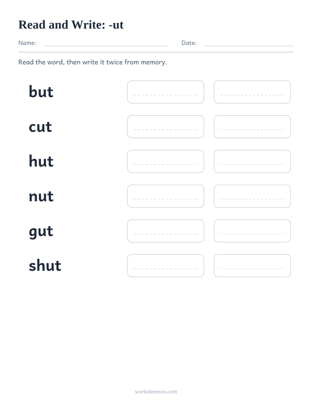 Read and write worksheet for the -ut family, but, cut, hut, nut, gut, shut