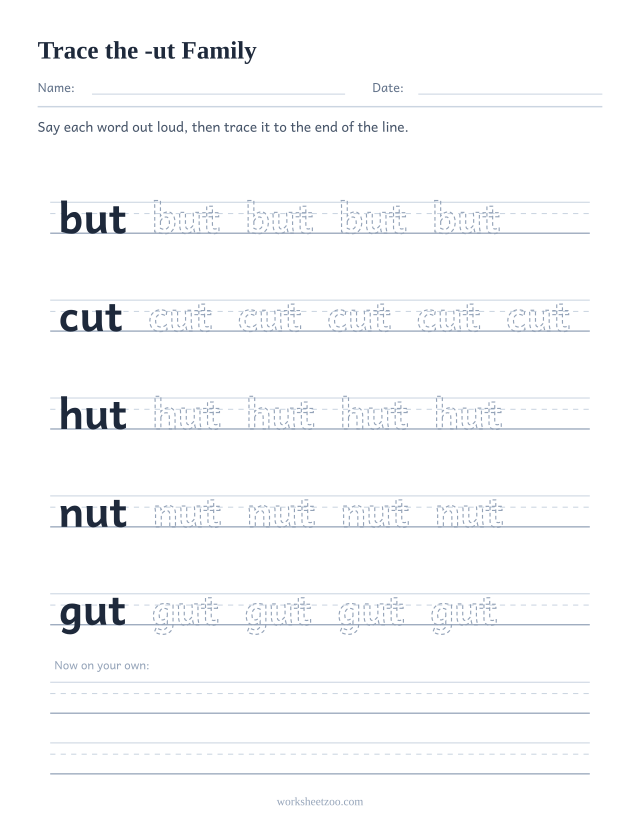 Tracing worksheet for the -ut word family on handwriting guides