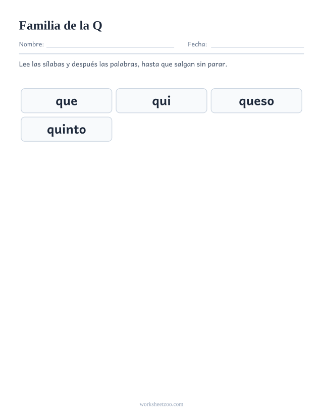 Lámina de la familia silábica de la Q con que, qui